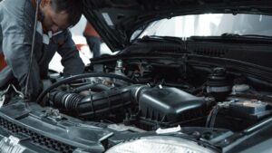 Mecânico inspecionando o motor de um carro em oficina